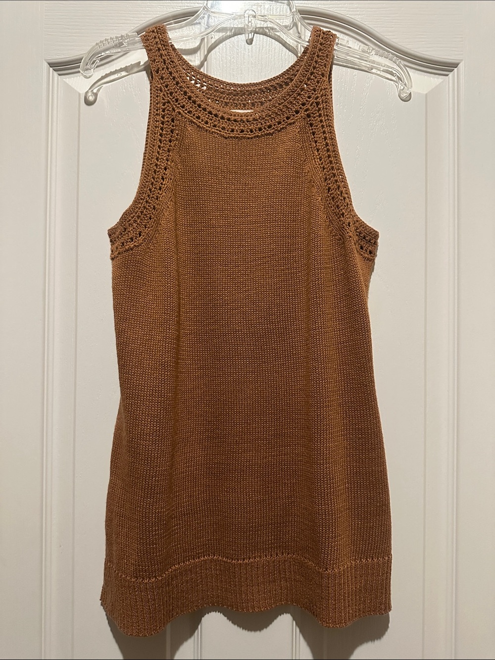 Crochet Yoke Knit Tank Top in Brown